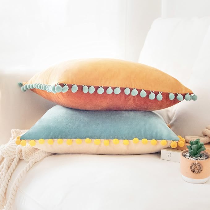 MONDAY MOOSE Decorative Throw Pillow Covers Cushion Cases, Set of 2 Soft Velvet Pom Poms Double-Sided Designs, Mix and Match for Home Decor, Pillow Inserts Not Included (16x16 inch, Orange/Teal)