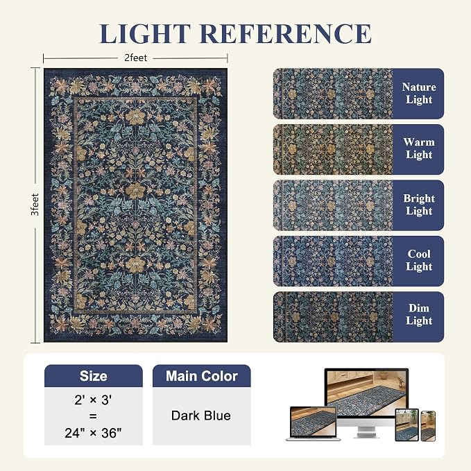DUKINO 2x3 Entryway Rug, Washable Vintage Floral Area Rug, Dark Blue | Non Slip, Low Pile, Non-Shedding, Soft Indoor Door Mat, Small Front Door Throw Carpet for Bathroom Kitchen Entrance Bedroom