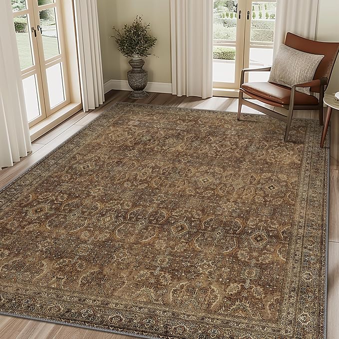 BESBLEE 6X9 Area Rugs Machine Washable Rugs for Living Room, Vintage Boho Large Rugs for Bedroom Dining Room, Non Slip Indoor Soft Distressed Lightweight Thin Low Pile Carpet, Rustic Brown