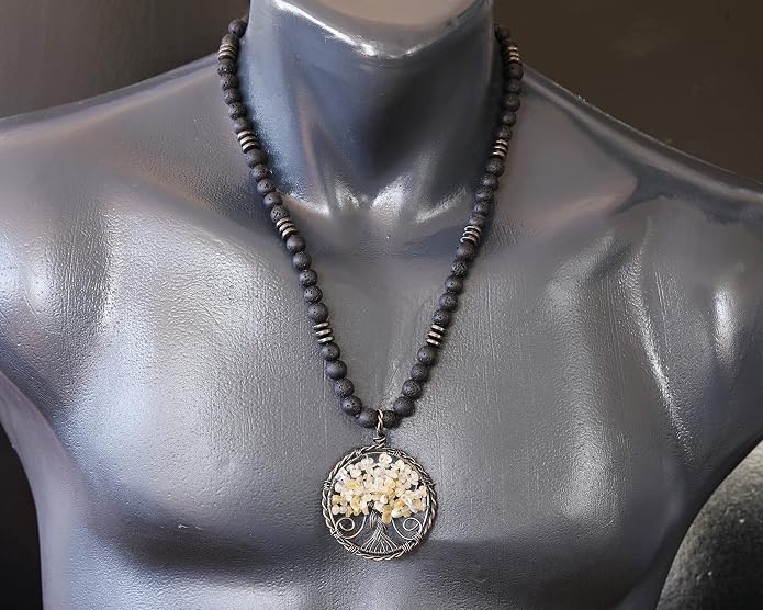 ElisaJewelryArt - Natural Labradorite Big Tree Of Life Black Lava Stone Beaded Necklace Genuine Gemstone Energy Stone Clasp Closure Necklace Unisex Necklace