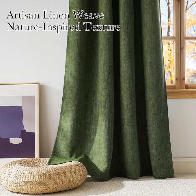 NICETOWN Short Faux Linen Froest Green Blackout Curtains 63 inches Long for Kitchen - Privacy Panels for Living Room Bedroom, Modern Farmhouse Style Easy Care Grommet Top, 2 Panels, W42 by L63