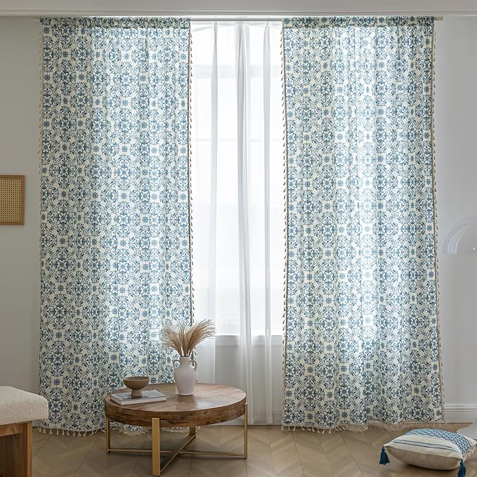 Blue Floral Curtains 72 Inches Long, Boho Farmhouse Light Filtering Rod Pocket Drapes with Tassel Trim for Bedroom Living Room, 2 Panels