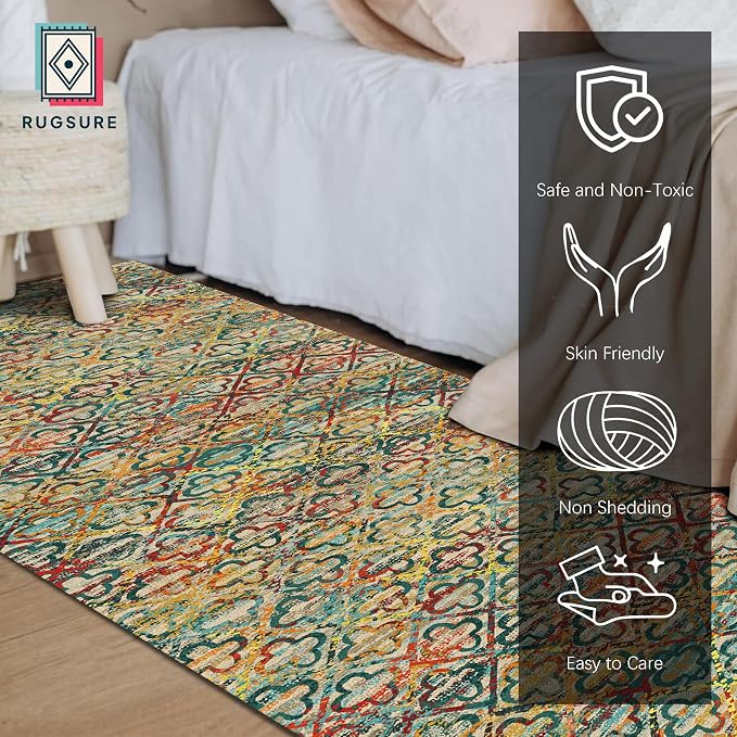 RUGSURE Washable Area Rugs, 2'6'' x 8' - 1/6 Thick - Stain & Water Resistant Non-Slip - Perfect Resistant Rug for Living Room, Bedroom, Nursery, Pet & Child Friendly, Vibrant Colors Rugs, Multicolor