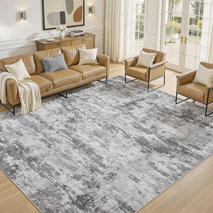 10x12 Large Area Rugs for Living Room, Washable Soft High-Low Pile | Neutral Modern Abstract Carpet, Non Slip Lightweight Made for Dining Room, Nursery, Home Office Indoor Decor - Dark Gray