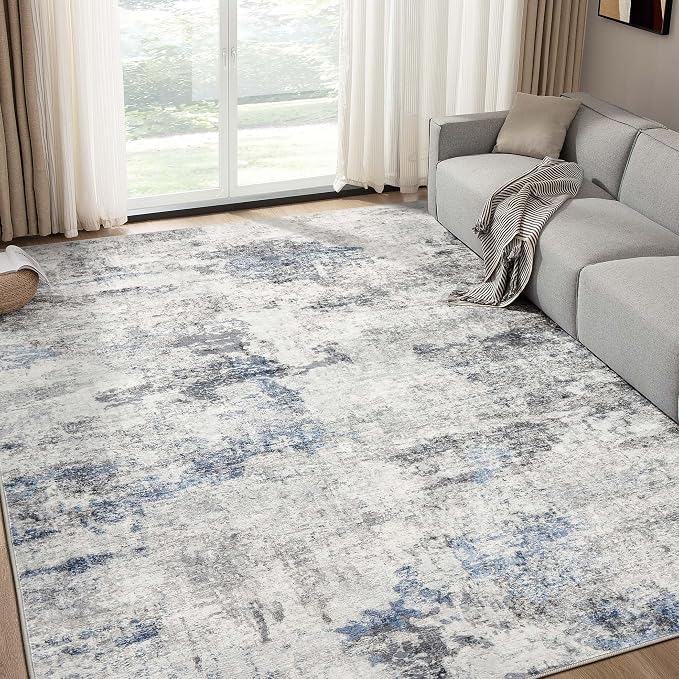 DMOYEST 6x9 Area Rug - Washable & Non Slip Indoor Rug for Living Room, Kid & Pet Friendly Abstract Low Pile Soft Carpet for Bedroom and Dining Room - Grey Blue