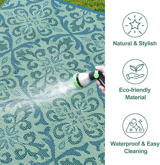 Lahome Waterproof Outdoor Rug 6x9 ft, Reversible Plastic Straw Patio Rug for Camping, RV Mat Outside, Indoor Outdoor Carpet for Porch Deck Backyard Camper Picnic, Light Blue and Green 6x9