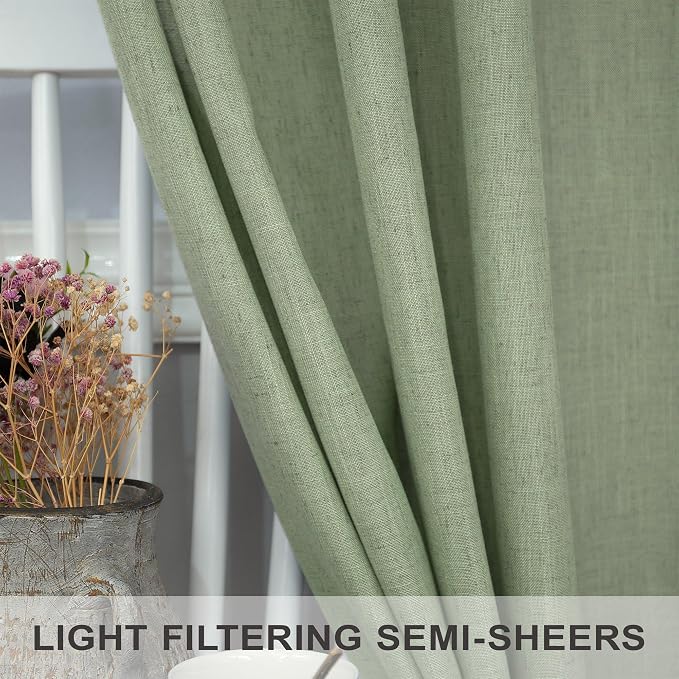 Sage Green Curtains 38 Inch Wide for Bedroom 2 Panels Back Tab Rod Pocket Lightweight Flowy Cotton Textured Semi Sheer Linen Light Green Curtains for Living Room Boho Farmhouse Decor Width 38x84 Long