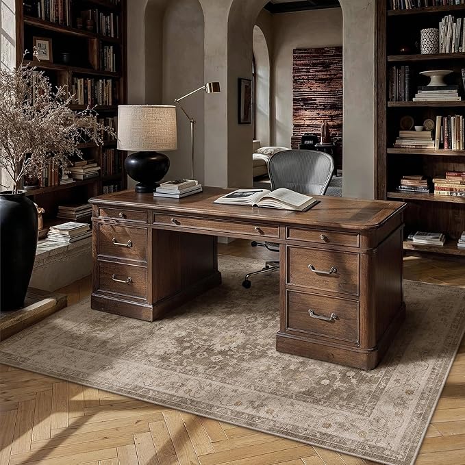 HUGEAR 6x9 Area Rug Taupe Machine Washable Rug Room Decor Vintage Distressed Living Room Carpet Non Slip Low Pile Throw Rugs for Bedroom Dining Room Office Soft Lightweight