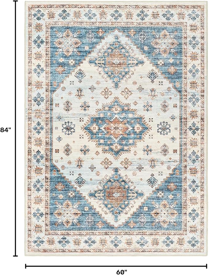 Roxstand 5x7 Washable Area Rugs, Non Slip Living Room Rug Blue/Beige | Low Pile Vintage Rug, Stain Resistant, Non-Shedding Design, Pet & Kid Friendly, Carpet for Bedroom, Dining Room Office