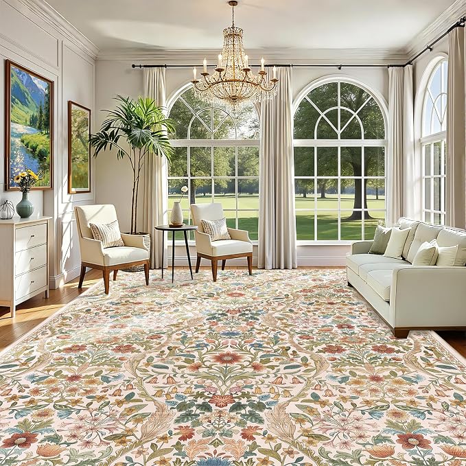 10x14 Beige Vintage Floral Area Rug,Washable Large Boho Living Room Rugs,Botanical Print Non-Slip Stain Resistant Lightweight Carpet for Bedroom Dining Room Nursery