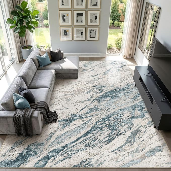 Area Rugs for Living Room: 12X15 Abstract Washable Rug Modern Neutral Large Soft Stain Resistant Non-Slip for Bedroom Dining Room Indoor Home Office Carpet - Blue Brown