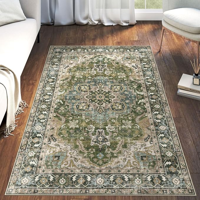 LUXRUG 3x5 Washable Area Rug - Small Entryway Rug Non-Slip Moss Green Vintage Oriental Kitchen Rugs Low Pile Boho Carpet Throw Rugs for Living Room Bedroom Bathroom Entrance Dorm Office Home Decor