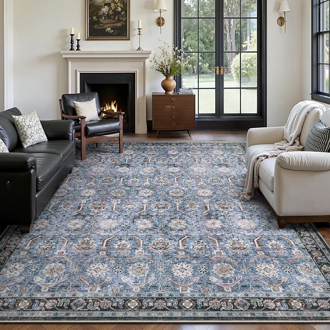 5x7 Area Rugs, Soft Non Slip Low Pile Washable Rug, Boho Modern Rug for Living Room, Bedroom, Dining Room, Blue