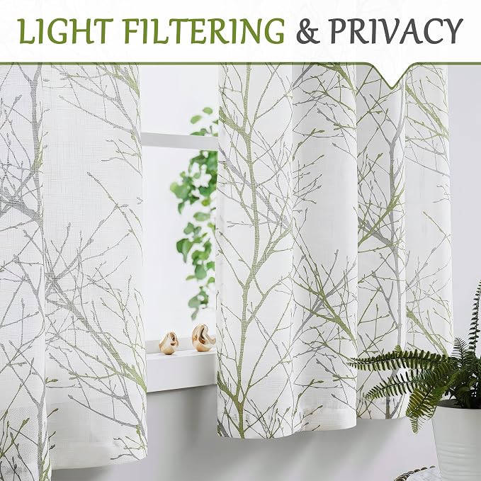 FMFUNCTEX Linen Green Gray Semi Sheer Patio Curtains 96 Inch Long 1 Panel | Extra Wide Sheer Patterned Patio Door Drapes, Tree Branch Print, Grommet Top for Sliding Doors and Airy Farmhouse Privacy