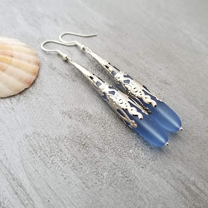 Handmade Sea Glass Earrings, Hawaiian Jewelry for Women, Long Teardrop Earrings Beach Jewelry, Sea Glass Jewelry For Women Birthday Gift For Her