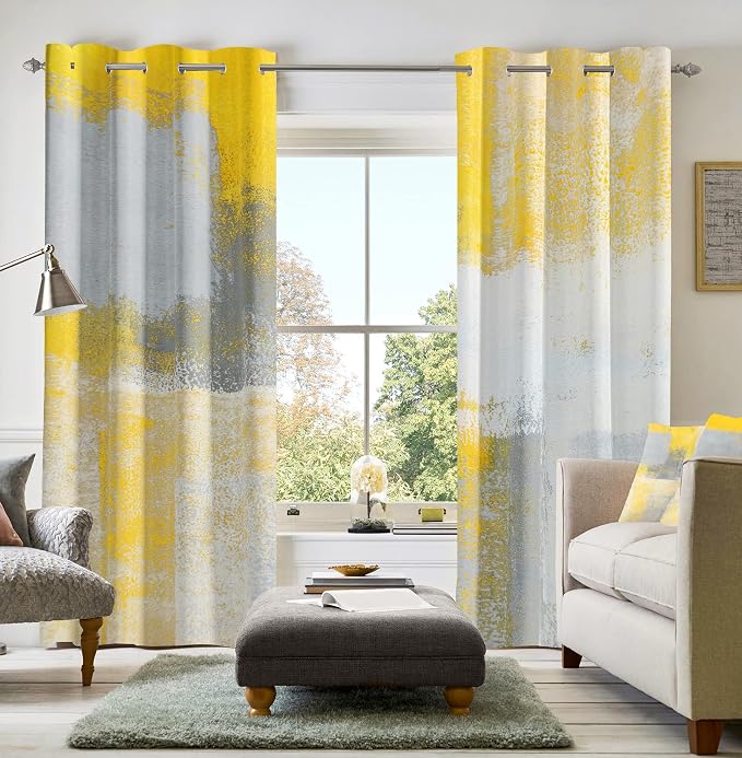Yellow Window Curtain Yellow Grey Abstract Thermal Insulating Drapes Rust Art Treatment Drapes Modern Curtains for Living Room Bedroom Hotel, 52" x 63", 2 Panels