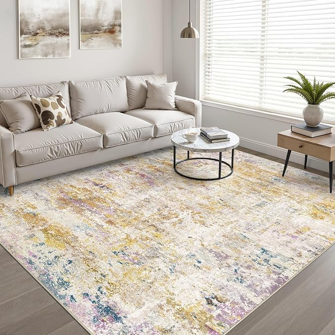 7x9 Area Rug Living Room: Washable Large Neutral Rug Abstract Soft Modern Stain Resistant Indoor Floor Non-Slip Carpet for Bedroom Nursery Kids Classroom Playroom Dining Room- Gold Multi