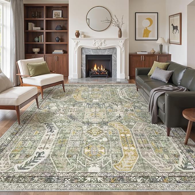 befbee Washable Rug 8x10 Area Rugs for Living Room - Stain Resistant Non-Slip Backing Rugs for Bedroom - Vintage Large Area Rug (Green/Gold, 8'x10')