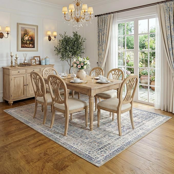 FMFUNCTEX 5x7 Washable Area Rug Blue Neutral Vintage Distressed Oriental Large Non Slip Carpet for Living Room Bedroom Traditional Retro Soft Low Pile Indoor Rugs for Dining Room Office Nursery