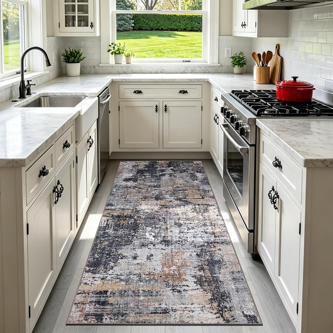 Sasttie 2x6 Soft Runner Rug for Entryway, Modern Abstract Washable Carpet for Hallway, Kitchen and Laundry Room, with Non-Slip Backing, Black and Cream