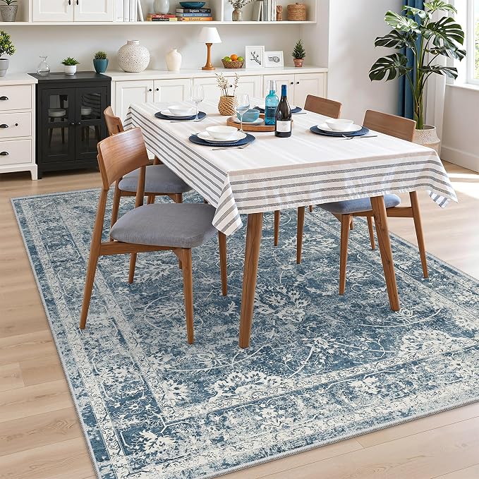 Madane 5x7 Area Rugs for Living Room, Washable Vintage Rug with Non-Slip Backing, Soft Floral Print Throw Rugs Floor Low Pile Carpet for Bedroom Dining Room Farmhouse (5 x 7, Blue)