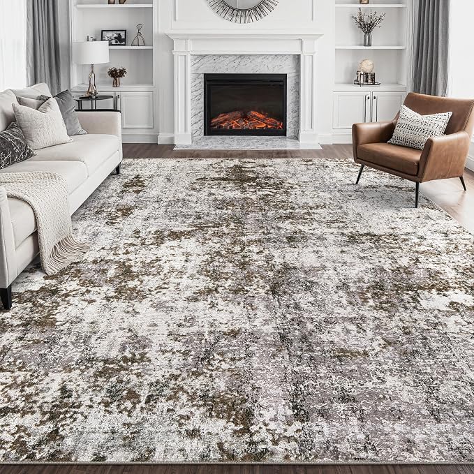 DMOYEST 8x10 Area Rug for Living Room, Washable & Non Slip Large Indoor Carpet, Kid & Pet Friendly Soft Thin Low Pile Abstract Rug for Bedroom and Office - Dark Brown