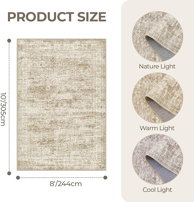 8x10 Area Rugs for Living Room,Large Washable Rug,Brown | Rugs for Bedroom,Dining Room,Office,Low Pile,Soft, Neutral Rug,Stain Resistant Indoor Carpet,Non Slip,Home Decor