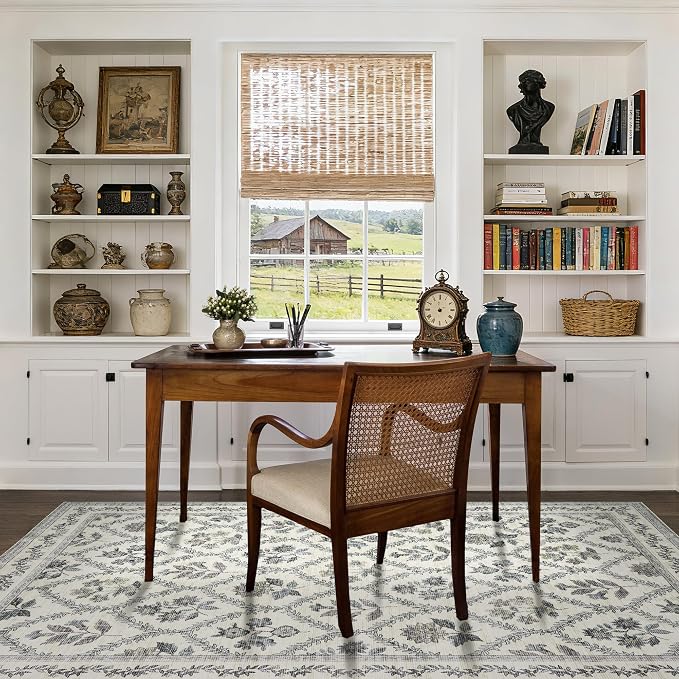Blue Bedroom Rug 4x6 Washable Non Slip Area Rug Bohemian Carpet Blue Green with White Floral Boho Modern Farmhouse Floral for Bedroom Foldable 4x6 for Living Room, Kitchen