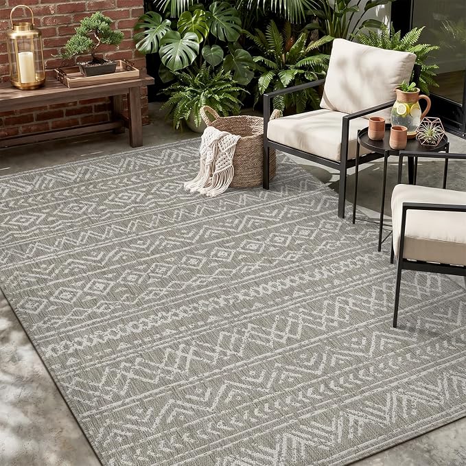 MontVoo-Outdoor Rug-Patio Rug 5x7 ft Polypropylene Indoor Outdoor Rugs Outdoor Carpet for Patio Deck Balcony Porch, Textured Weave, Durable for High Traffic, Fade-resistant, Boho Farmhouse Silver Grey