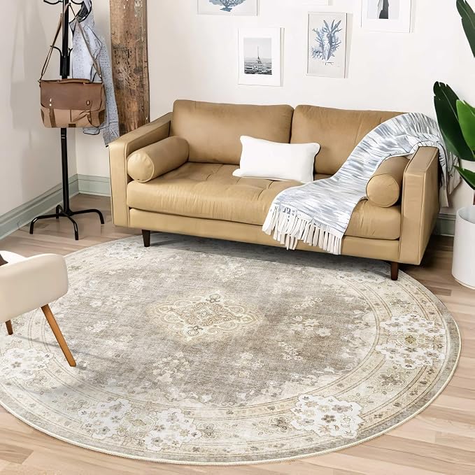 MUJOO Beige Round Rug 6ft,Circle Washable Area Rug Non Slip Low-Pile Floral | Large Circular Rugs for Bedroom Living Room Dining Room Boho Throw Carpet Soft Floor Indoor Vintage Bohemian Flowers