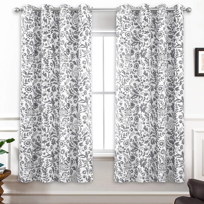DriftAway Julia Blackout Curtains Grommet 2 Panels, W52xL63, Gray | Floral Curtains, Bedroom, Living Room, Room Darking, Watercolor Pattern, 2 Layers, Thermal Insulated, Window Treatment