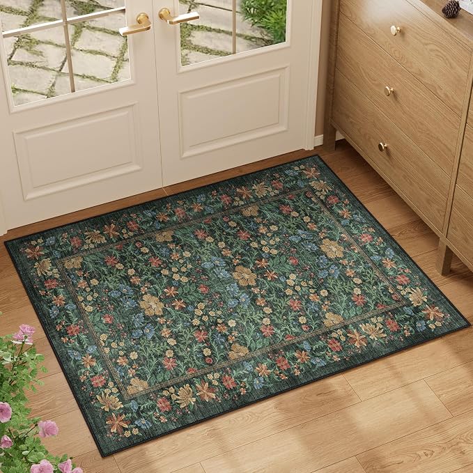 DUKINO 2x3 Entryway Rug, Washable Vintage Floral Area Rug, Green | Non Slip, Low Pile, Non-Shedding, Soft Indoor Door Mat, Small Front Door Throw Carpet for Bathroom Kitchen Entrance Bedroom