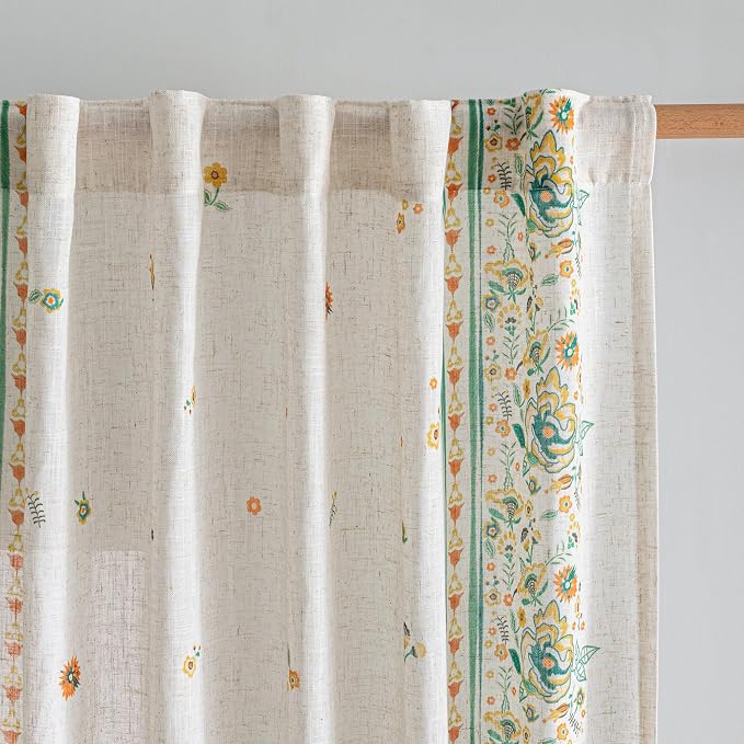 MYSKY HOME Boho Floral Curtains 72 inch for Living Room Semi Sheer Linen Look Bohemian Style Farmhouse Printed Curtains Light Filtering Privacy Back Tab Drapes, 50x84 Inch, Yellow and Blue, 2 Panels