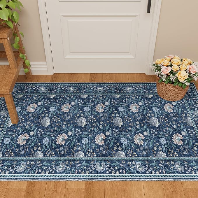 DUKINO 2x4 Rug, Washable Vintage Floral Entryway Rug Non Slip, Dark Blue | Low Pile, Non-Shedding, Stain Resistant Boho Lightweight Soft Indoor Carpet for Kitchen Bathroom Hallway Laundry Farmhouse