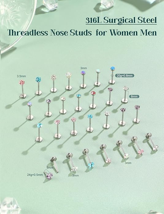 Nose Rings Studs Flat Back Earrings Hypoallergenic - Threadless Surgical Steel Nose Ring Studs Cartilage Earring Monroe Nostril Labret Medusa Tragus Conch Helix Piercing Jewelry for Women Men 28Pcs