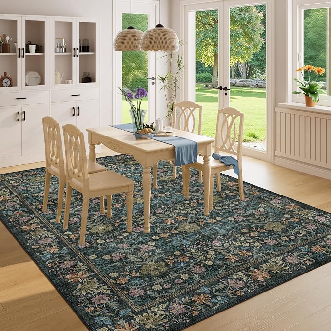 DUKINO 6x9 Area Rug, Vintage Floral Washable Rugs for Living Room, Blue | Non Slip, Low Pile, Non-Shedding, Soft Indoor Large Carpet for Bedroom, Office, Dining Room, Farmhouse, Nursery, Home Decor
