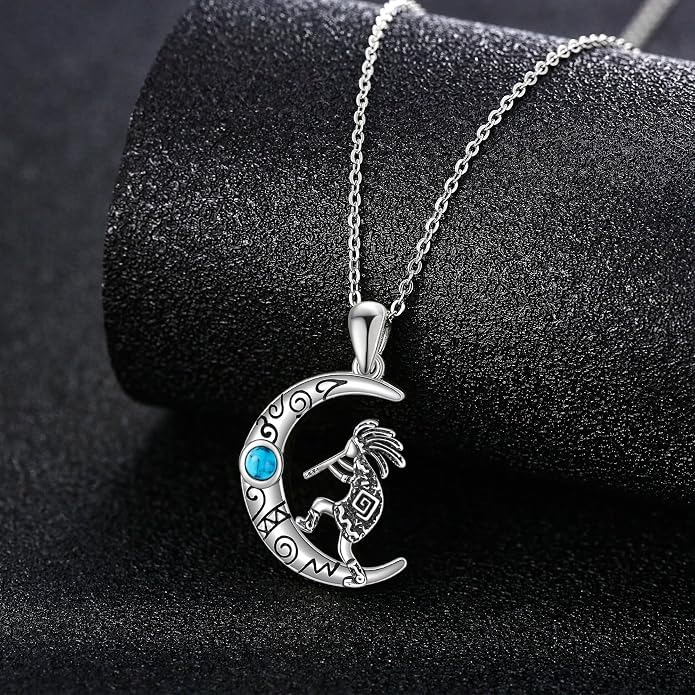 Turquoise Western Necklace Sterling Silver Moon Kokopelli/Cow Skull/Zia Sun/Mountains Pendant Necklace Turquoise Jewelry for Women Hikers Campers