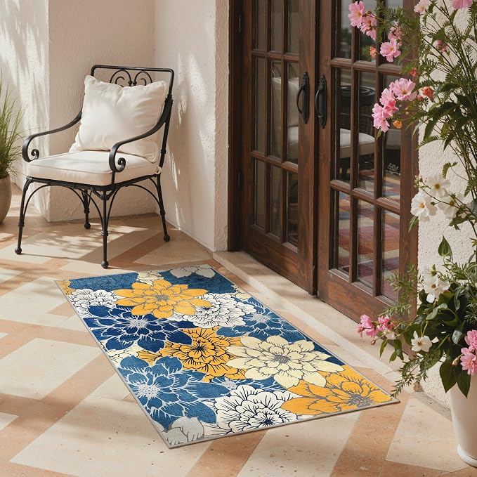 GENIMO Indoor Outdoor Area Rug for Entryway, 2'x3' Entry Rugs Door Mat, Machine Washable, Waterproof, Non-Slip, Easy Cleaning, Floral Outdoor Carpet for Patio Balcony Bedroom Kitchen, Navy Blue