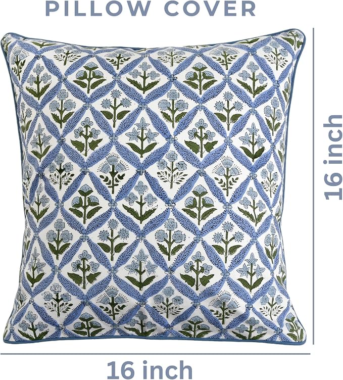 Ridhi Block Print Light Steel Blue Pillow Cover 16" x 16" (Pack of 2) Decorative Couch Pillows for Living Room, Chic Boho Cute Outdoor Pillows Covers Gifts for Spring, Easter and Valentine