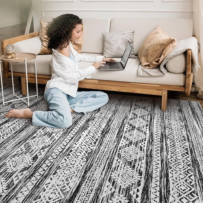 Tortania Area Rug Living Room Rugs - 9x12 Washable Large Soft Neutral Boho Moroccan Bohemian Farmhouse Rug Indoor Floor Carpet for Bedroom Under Dining Table Home Office Decor - Black White