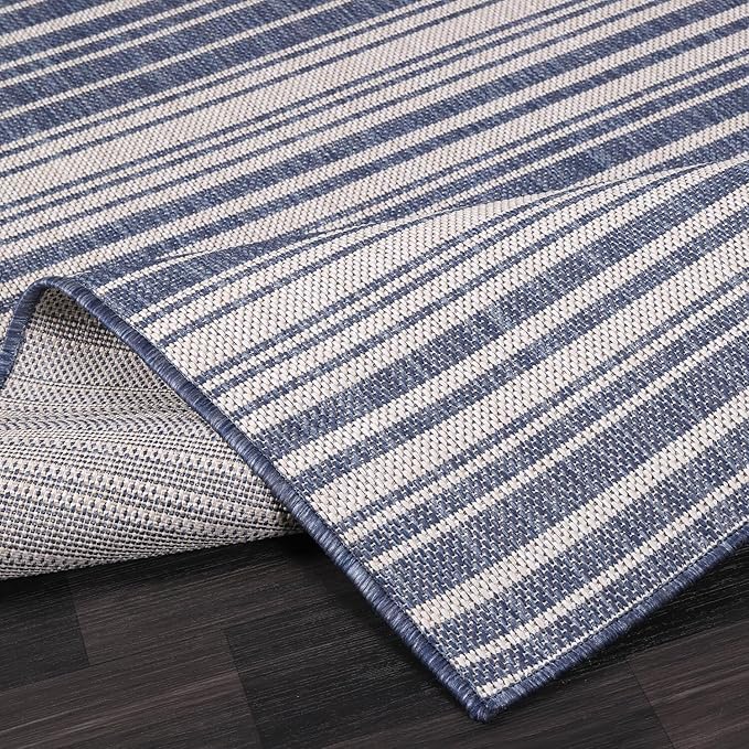 Luul Home Stripe Outdoor Rug 10x14 Washable Outside Carpet for Indoor Patio Porch Waterproof Easy Cleaning Non Shedding Area Rugs Blue 10 x 14