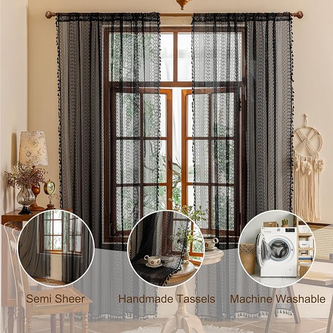 Sutuo Home Black Boho Lace Curtains 96 inches long for Living Room Dining Room, Semi Sheer Curtains Farmhouse Privacy Crochet Vintage Chic Tassels Bohemian Style Rod Pocket Retro Decor, 2 Panels 50" W