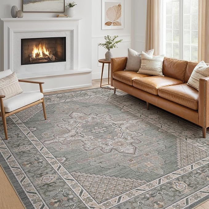 Tortania Area Rug Living Room Rugs - 5x7 Washable Boho Rug Vintage Oriental Distressed Farmhouse Large Thin Indoor Carpet for Living Room Bedroom Under Dining Table Home Office - Green Gray