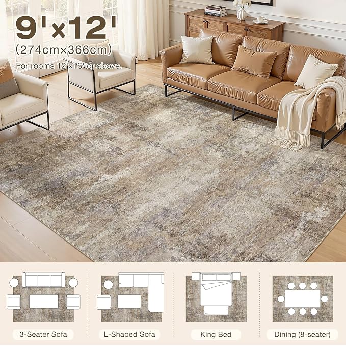 9x12 Area Rugs for Living Room, Washable Non Slip Bedroom Carpet | Neutral Modern Abstract Large Area Rug, Soft Low Pile Lightweight Made for Dining Room, Nursery, Home Office - Dark Brown