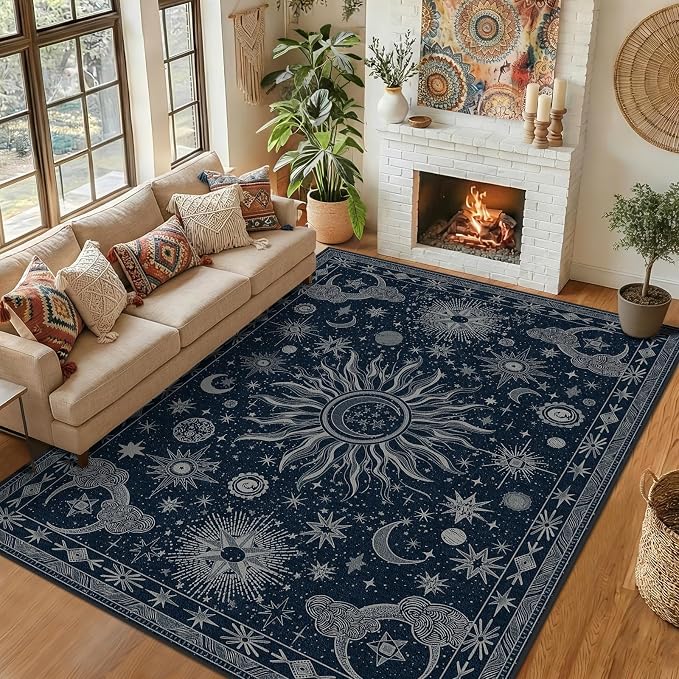 Vacuum-Friendly, 8x10 Washable Area Rug, Blue Gray White | Sun and Moon Boho Gothic Non-Slip Low Pile Living Roon Bedroom Dining Room Kitchen Entry Entryway Entrance Hallway Doormat
