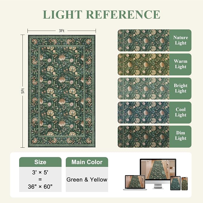 DUKINO 3x5 Rug, Washable Vintage Floral Bedroom Area Rug Non Slip, Green | Low Pile, Non-Shedding, Stain Resistant Boho Lightweight Soft Indoor Carpet for Bathroom Office Dining Living Room Farmhouse