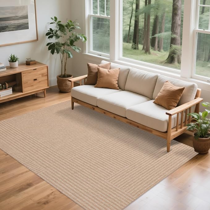 Easy Jute Rug for Pet Homes: 5x7 Outdoor Rug - Beige Stripes | Washable Design Cuts Your Cleaning Time by 75% and Maintain Shape and Texture after 50 Washes