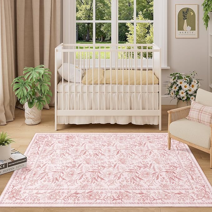 DUKINO 3x5 Rug Washable Vintage Floral Bedroom Area Rug Non Slip Light Pink | Low Pile, Non-Shedding, Stain Resistant Boho Lightweight Soft Indoor Carpet for Bathroom Office Dining Living Room Farmhouse