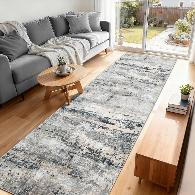pmtsns Area Rugs 2x8 Runner Rug: Washable Hallway Rug Modern Abstract Neutral Soft Non-Slip Low-Pile Indoor Carpet for Kitchen Bedside Entrance Laundry (Black Grey Brown, 2'x8')