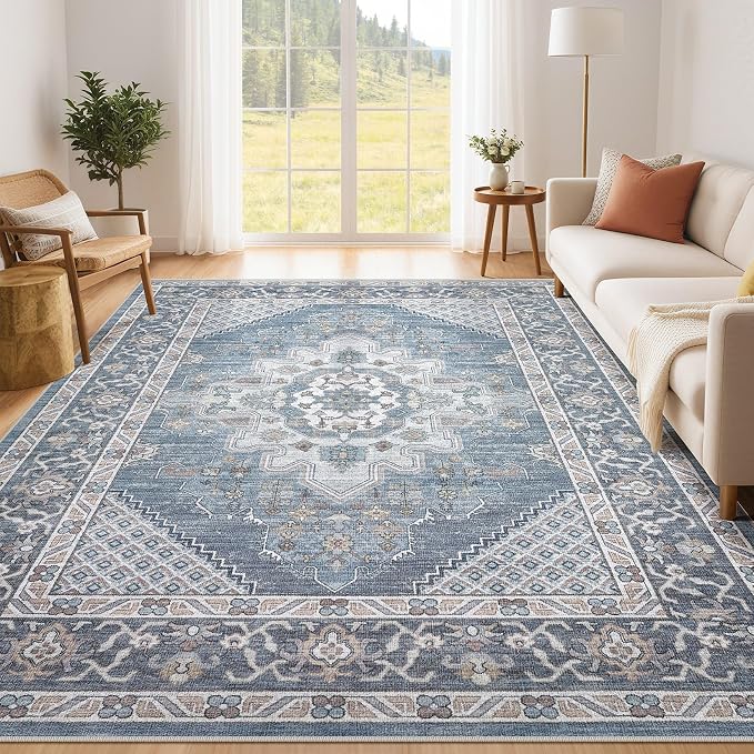 Tortania Area Rug Living Room Rugs - 5x7 Washable Boho Rug Vintage Oriental Distressed Farmhouse Large Thin Indoor Carpet for Living Room Bedroom Under Dining Table Home Office - Blue